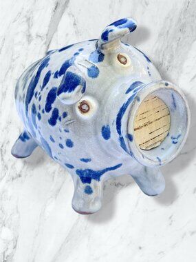 Blue & White Ceramic Piggy Bank With Cork Stopper - Handcrafted Speckled Design